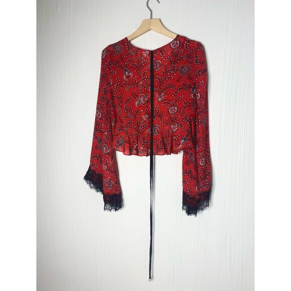 CINQ A SEPT "Jemma" Silk Red Paisley Long Sleeve Cropped Blouse NWT US XS - Picture 15 of 15